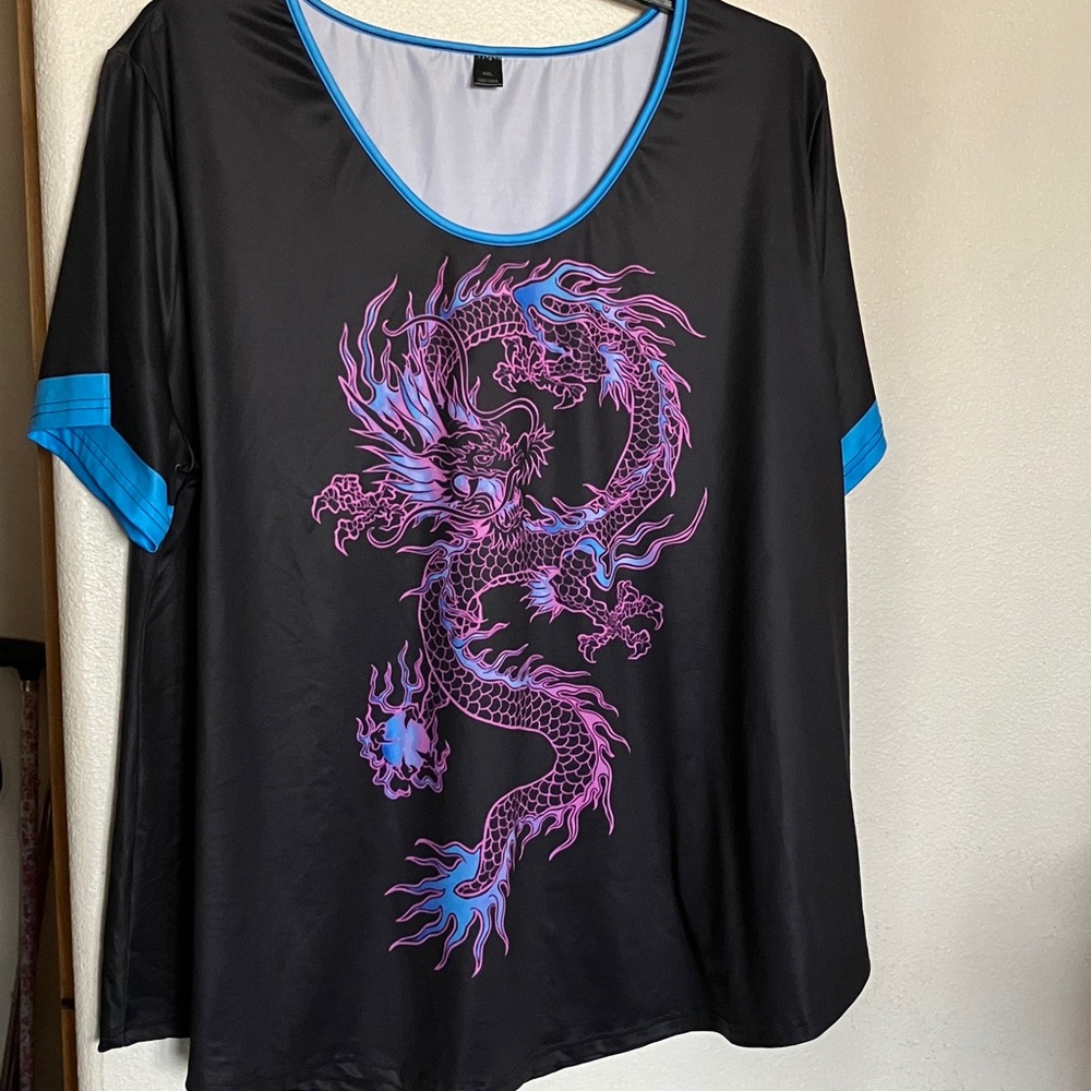 Black Women's Dragon Graphic Blousy Tee with Blue Trim Plus Size 4X Flare Bottom